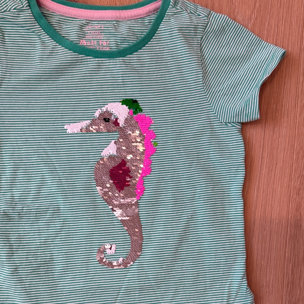 Joules Mint Green Striped Short Sleeve Girls Tee with Sequin Seahorse size 7 - Picture 5 of 8